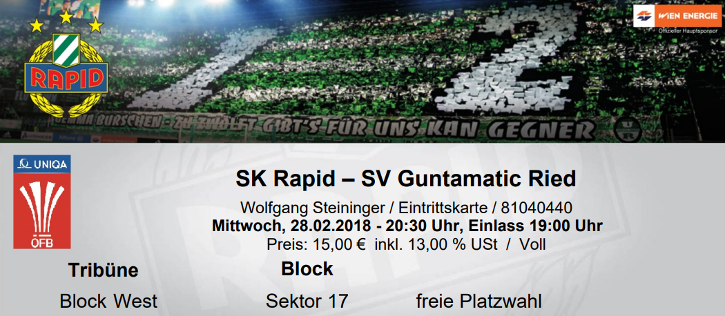 Eintrittskarte SK Rapid gegen SV Ried